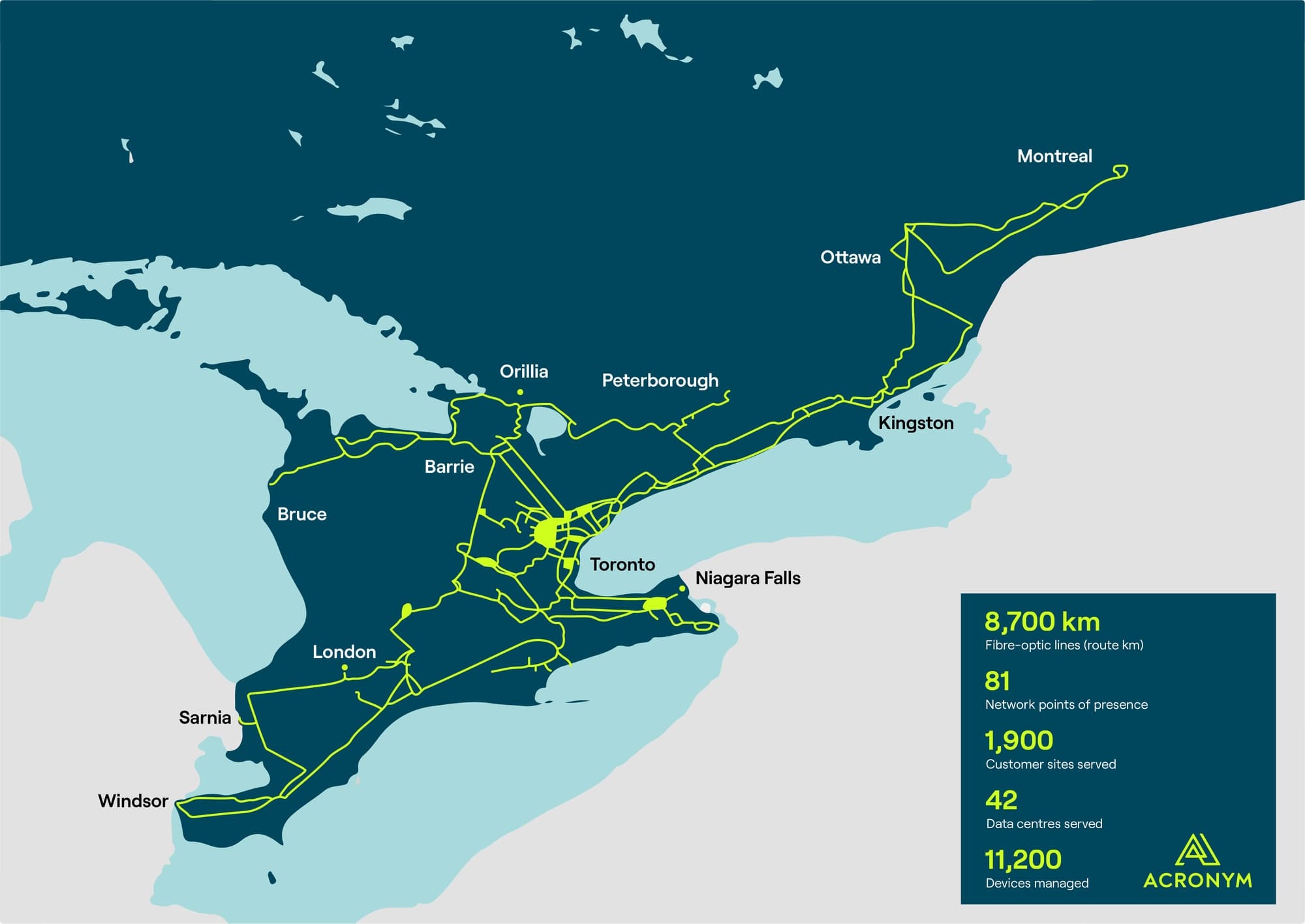 Map of fibre-optic business lines throughout ontario