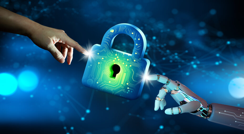 human hand and ai robot hand touching a lock