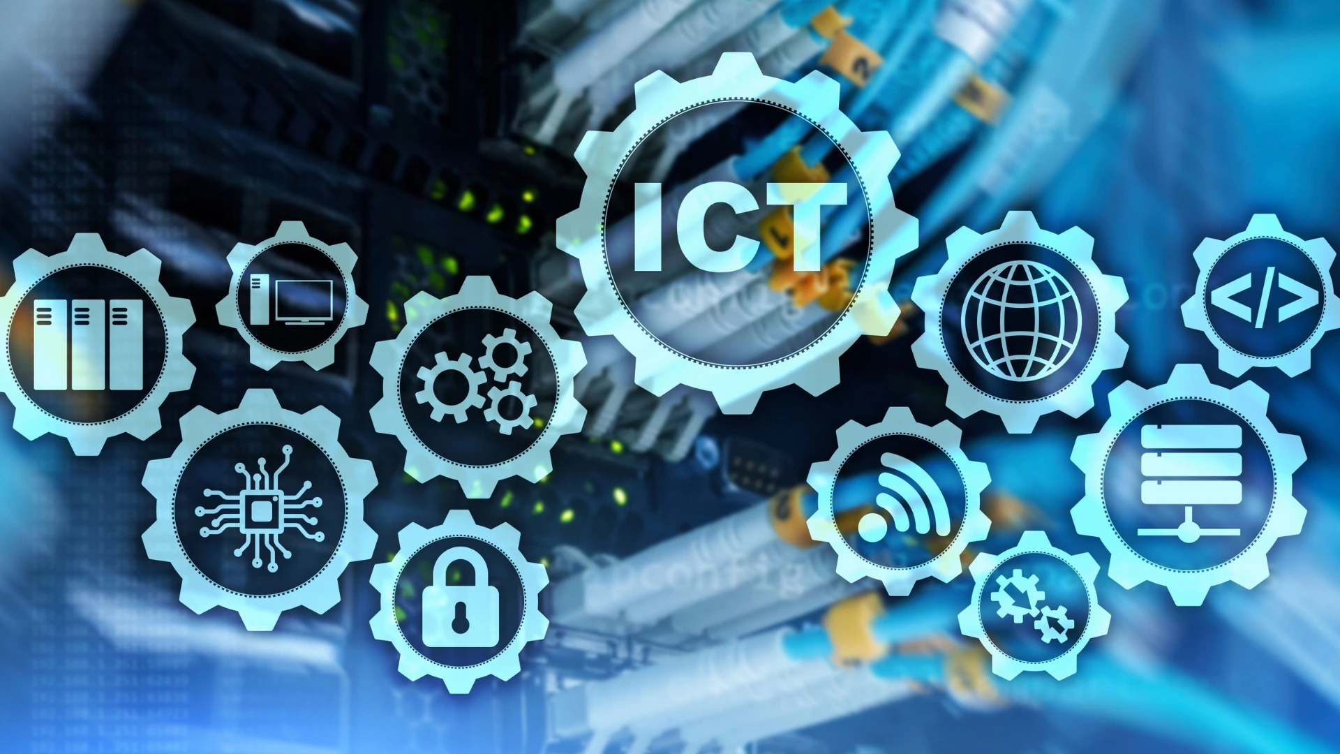 IT and OT Convergence icons in gears with ICT